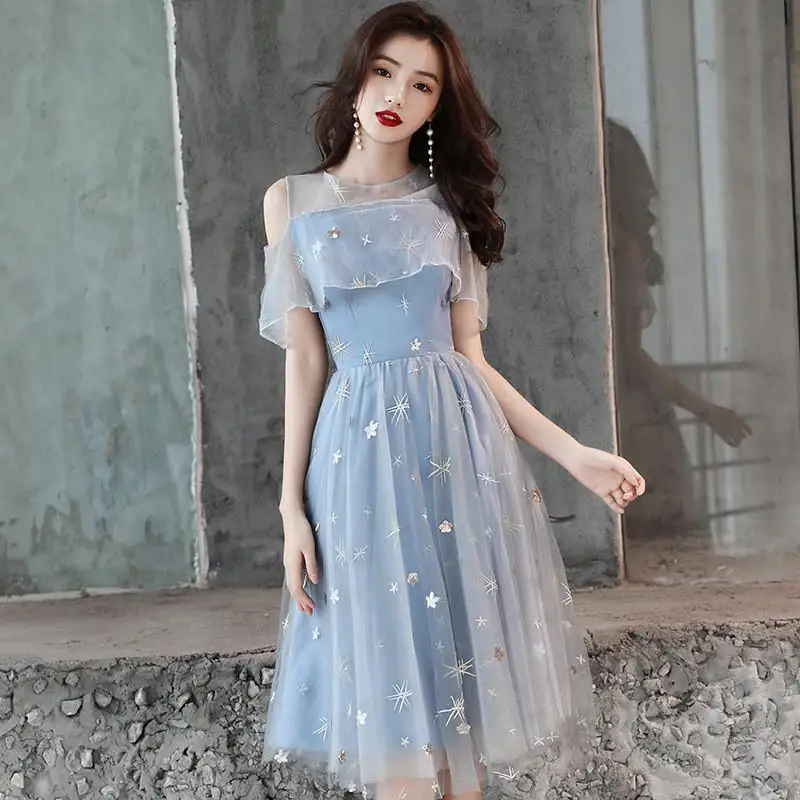 Elegant Light Blue Patchwork Mesh Dress Star Sequins Cheongsam Formal Party Gowns Female Embroidery Sexy Chinese Dress Qipao - Цвет: Blue Short