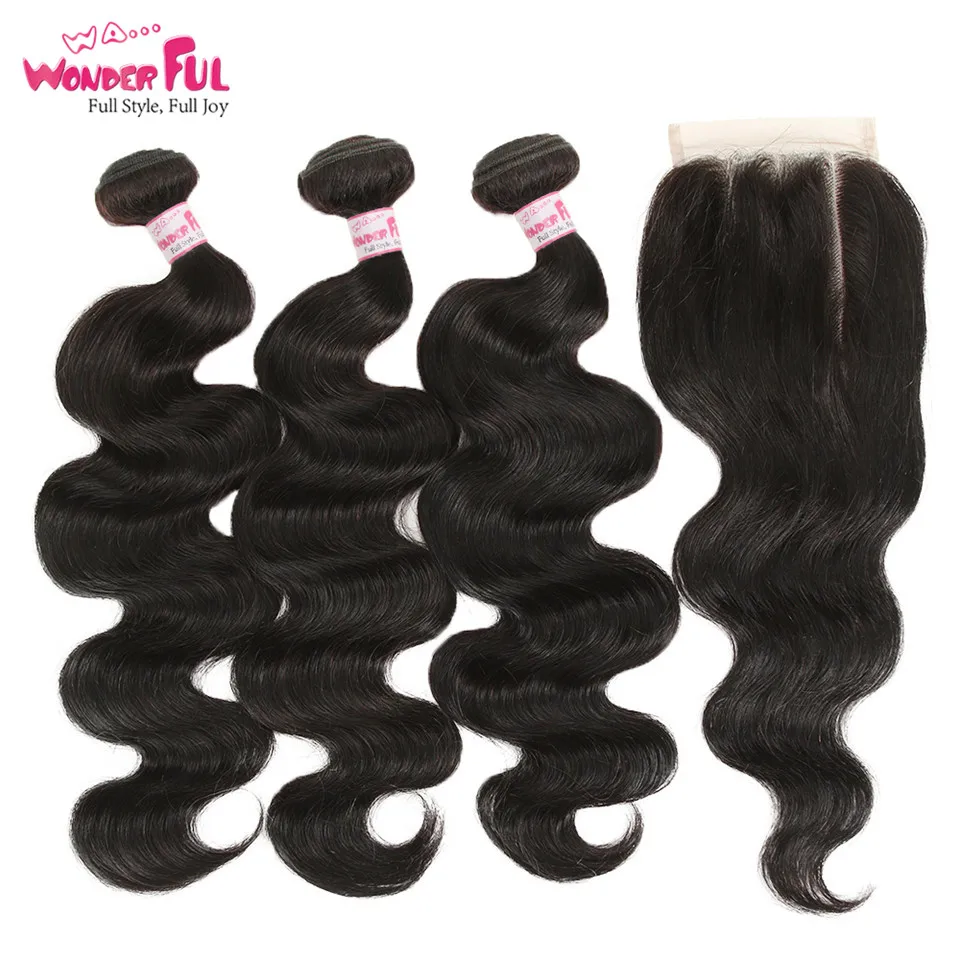 Бразильские волосы плетение пучки объемные волнистые пучки с закрытием бразильские Remy человеческие волосы 3 4 пучка с закрытием