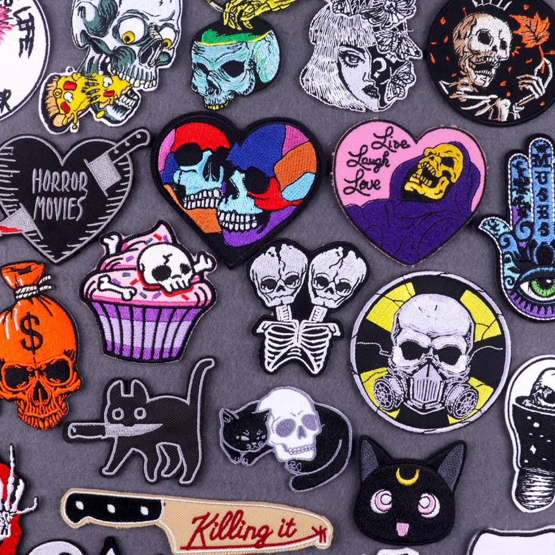 

Punk Skull Embroideried Patches For Clothes Thermoadhesive Patches For Clothing Stripes Embroidery Patch Skull Badges Patch DIY