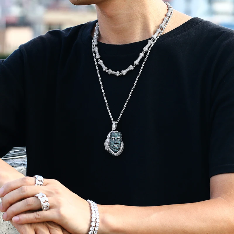 

Bling Lced Out Special Hip Hop Pendant 3D Green Human Face With Full Crystals Silver Color Necklaces Cool Figure Men's Jewelry