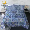 BlessLiving Watercolor Quilt Set Mediterranean Ceramics Thin Comforter Geometric Squares Summer Bedding Mandala Floral Duvet Set 1