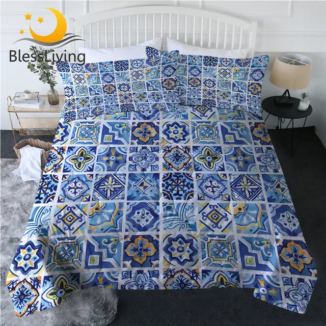 BlessLiving Watercolor Quilt Set Mediterranean Ceramics Thin Comforter Geometric Squares Summer Bedding Mandala Floral Duvet Set 1