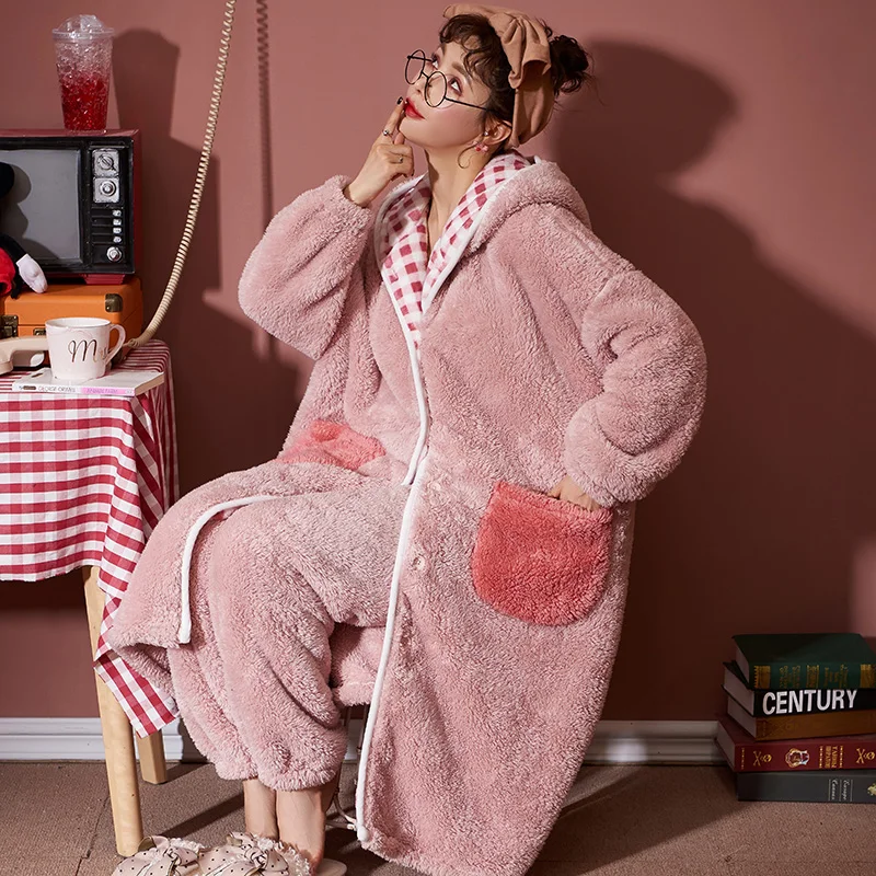 

2020 Winter Women's Home Clothes Thick Flannel Pajamas Set Hooded Sleepwear for Women's 2-piece Suit