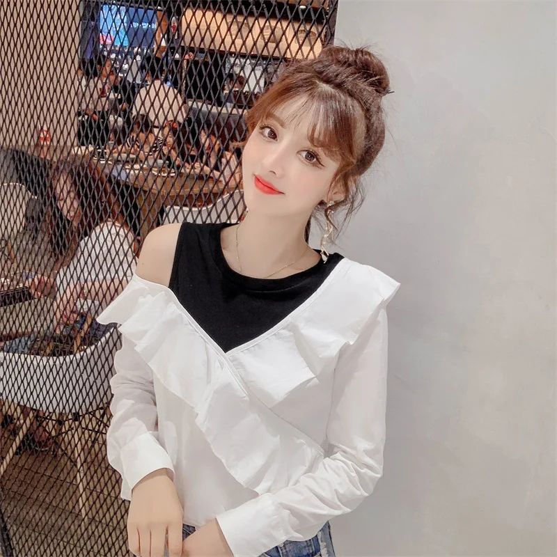MUMUZI женская блузка с открытыми плечами и оборками белая длинным рукавом Женский