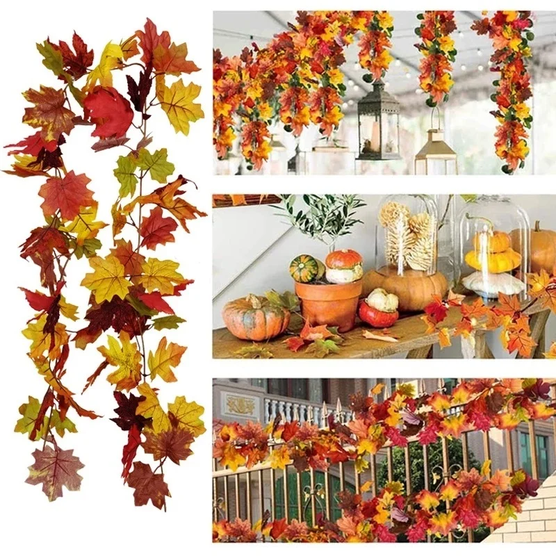 

175cm Red Maple Leaf Vine Simulation Maple Leaf Rattan for Harvest Festival Garden Home Thanksgiving Halloween Christmas Decor