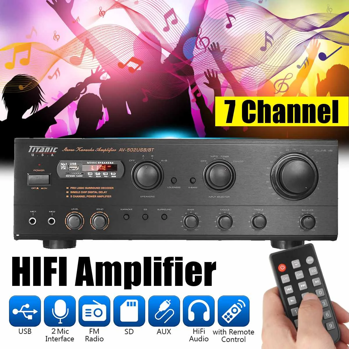 

SUNBUCK Amplifier 7 Channel LED Display bluetooth Mini HiFi Stereo Power Home Theater Amplifier Support USB SD Card FM Radio