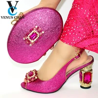 fashion rhinestone woman shoes and matching bag set novelty style fuchsia pumps shoes and bag set for party wedding