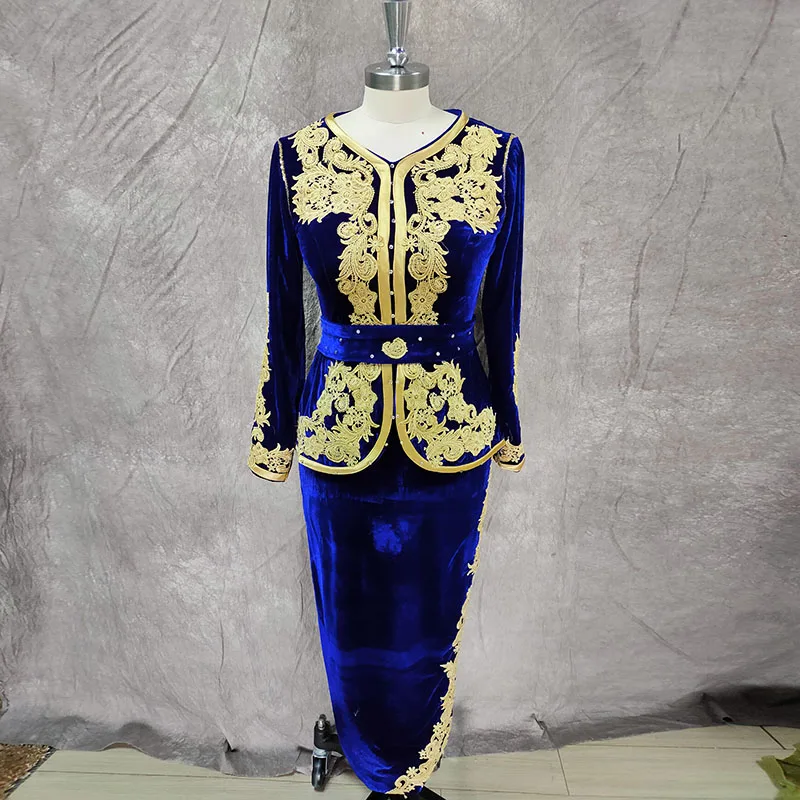 LORIE Blue Velevt Evening Dresses Algerian karako for Women Gold Lace Appliques Beading Formal Prom Party Celebrity Gowns 2021 (0)