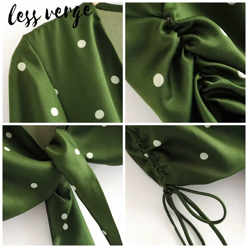 

Lessverge Polka dot green bandage ruched crop top Women sexy v neck satin blouse shirt Casual female drawstring autumn chemise