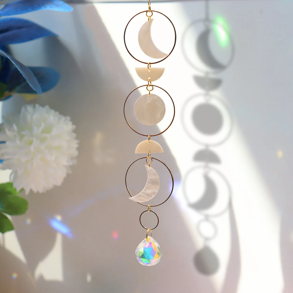 

Metal Hanging Rainbow Crystal Ball Semicircle Round Moon Jade Hoops Pendant Colorful Sun Catcher DIY Outdoor Garden Ornament