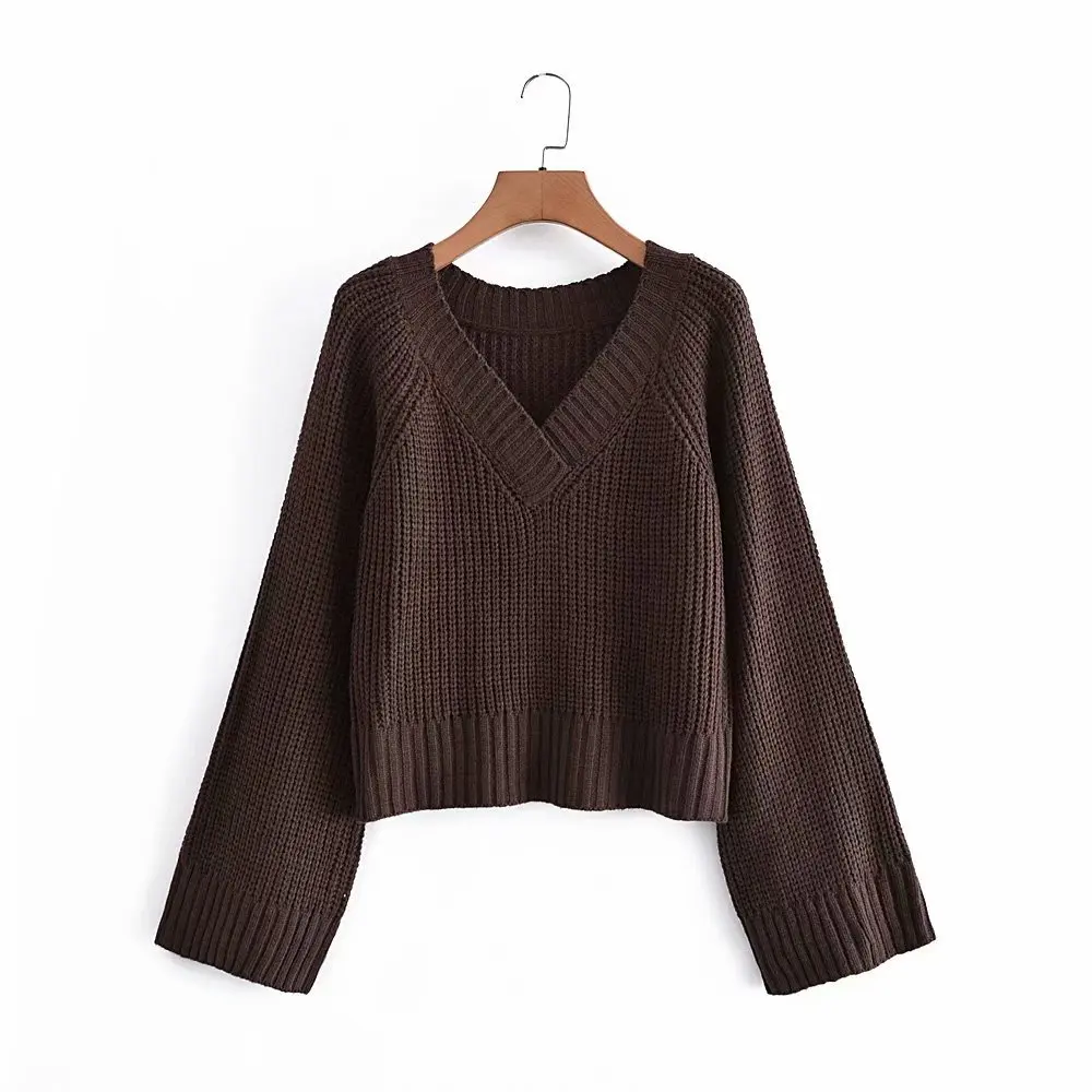 

Women Coffee Knitted Sweater Jumper Flare Long Sleeve V Neck Female Oversize Pullovers Chic Tops