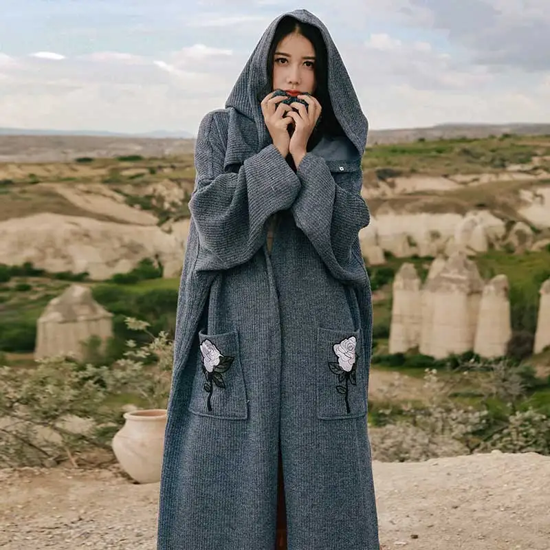 TEELYNN hooded jacket for women Pockets Floral Embroidery long sleeve Open Stitch Hooded Coat sexy Side slit loose Female | Женская