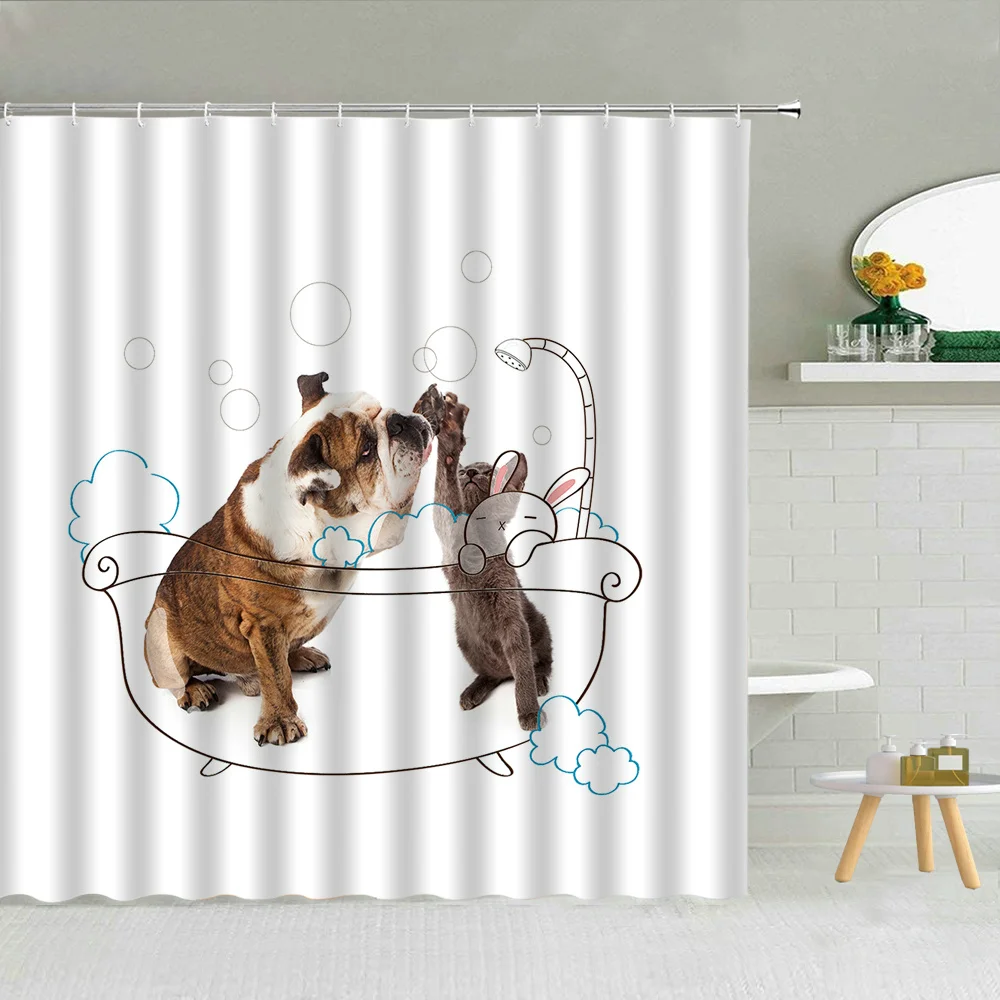 

Cute Animal Dog Cat Shower Curtain Set Waterproof Polyester Fabric High Quality Bath Screen With Hooks Home Decor 3D Printing