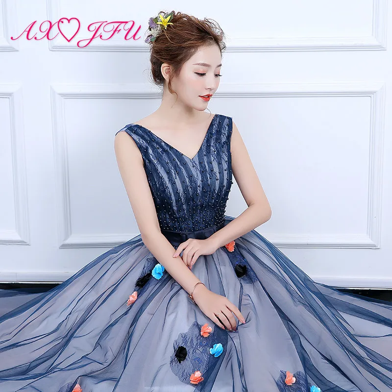 

AXJFU luxury princess navy blue lace evening dress vintage v neck beading crystal flower ball gown host stage evening dress