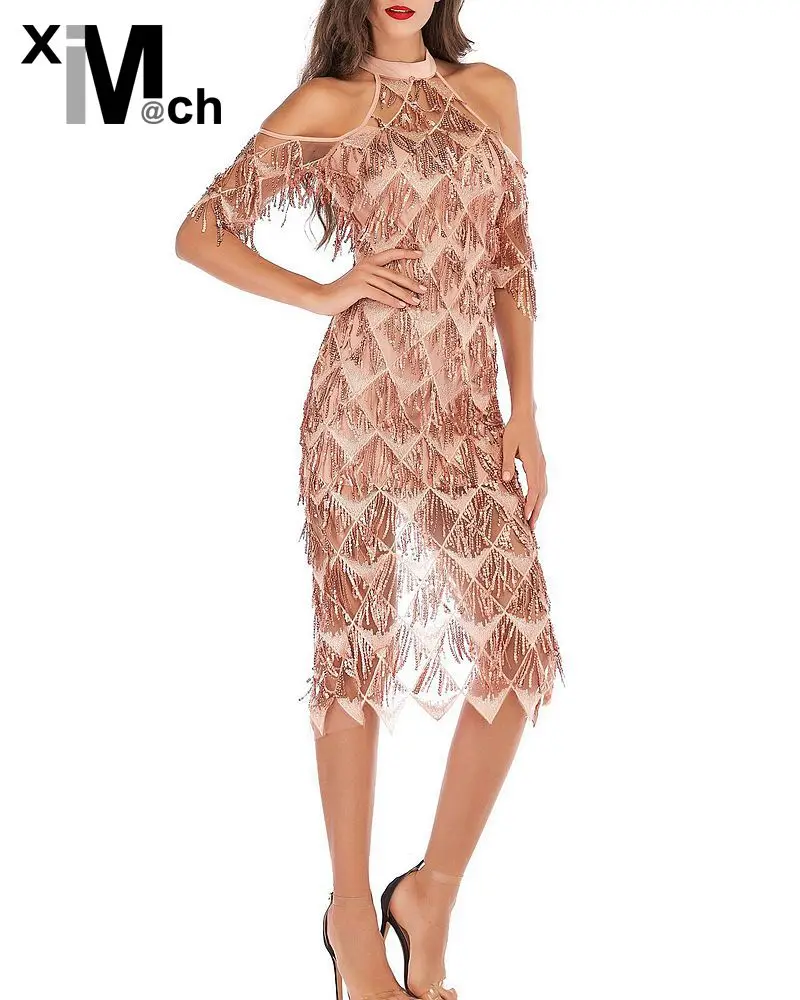 XiM&M@ch Новинки для женщин пикантные блестками вечерние платье с лямкой на шее
