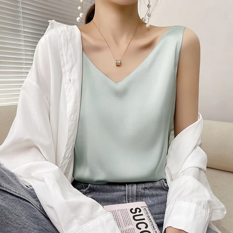 

Women Ice-Silk Solid Color Satin Top Vest Spring Summer Girls V-Neck Sling Smooth Soft Sleeveless Bottoming Shirt