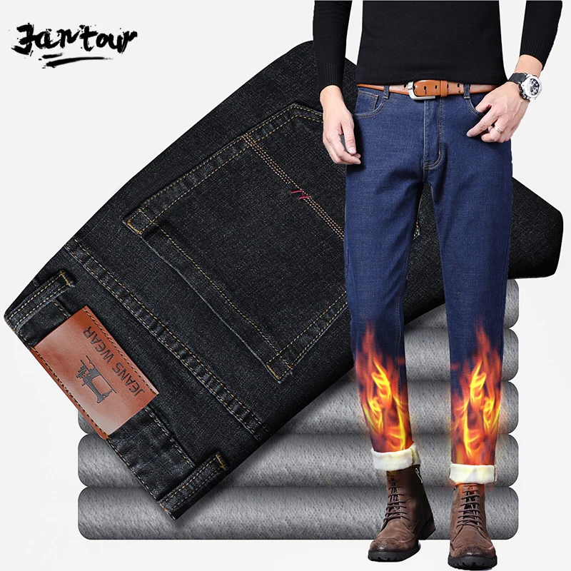 

Мужские теплые прямые джинсы, темно-синие утепленные брюки из денима на флисе, размеры 28-40, для зимы, 2020