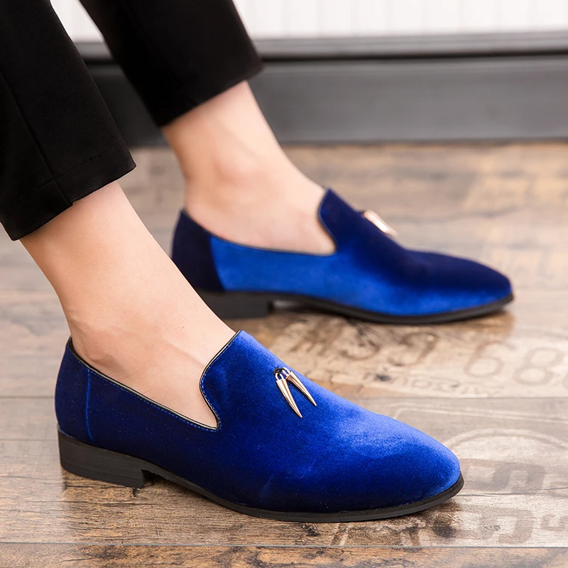 Men Shoes Dress Velvet Loafers Italian Men's Social Handmade New Fashion Metal Designer Party Royal Blue Black Red | Обувь