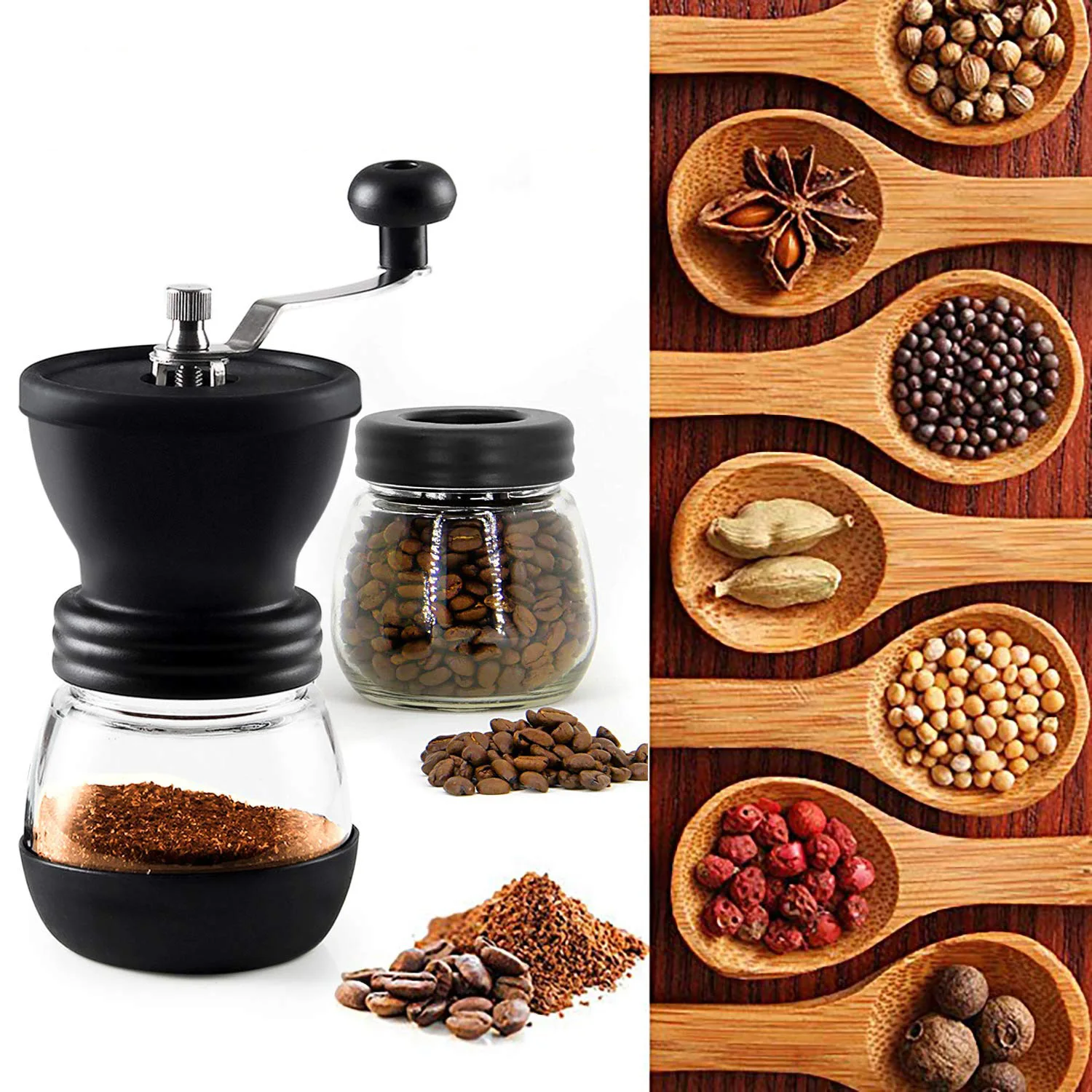 

Manual Ceramic Burr Coffee Bean Grinder with Fortified Glass Storage Jar Durable Cafe Bean Mill Coffee Maker Kitchen Tools