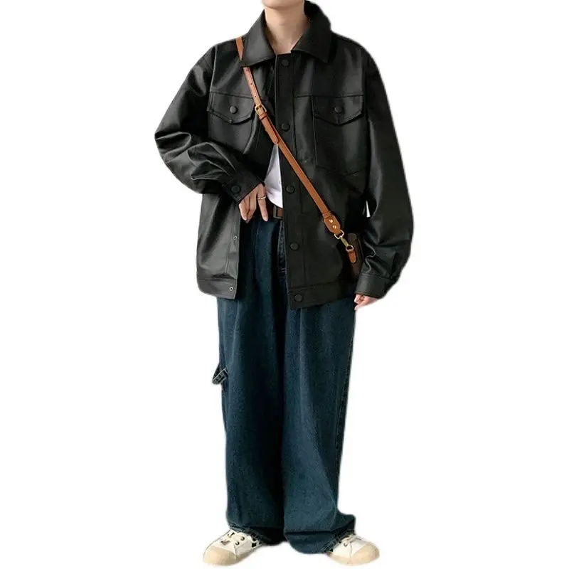 

Korean Black Leather Jacket Men's Fashion Lapel Pocket Motorcycle Jackets Mens Streetwear Loose Hip-hop Bomber Jacket Men S-2XL