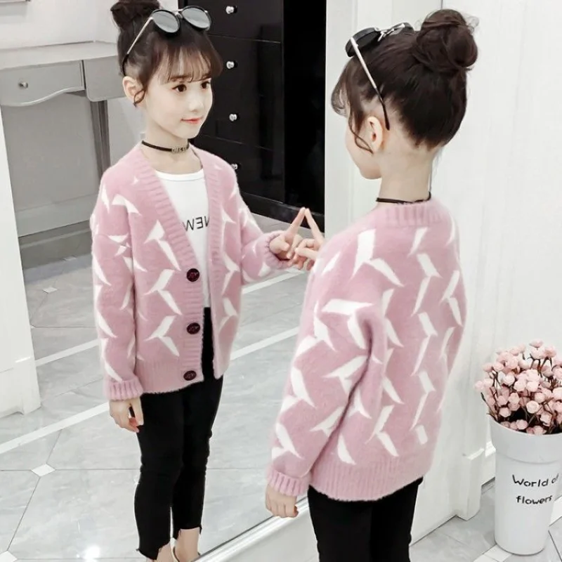 

Осенне-зимний однобортный Повседневный Топ с длинным рукавом для маленьких девочек, верхняя одежда, детская вязаная одежда, теплый свитер с...