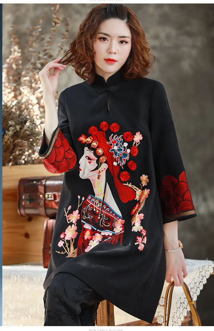 Осенне-зимние шерстяные топы cheongsam с вышивкой в стиле знаменитостей, со стоячим воротником, Свободный пуловер