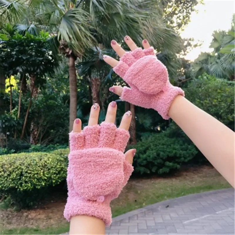 Pure color Plush Gloves Winter adult warm students Half Finger fold women's knitting gloves Japanese and Korean lovely style |