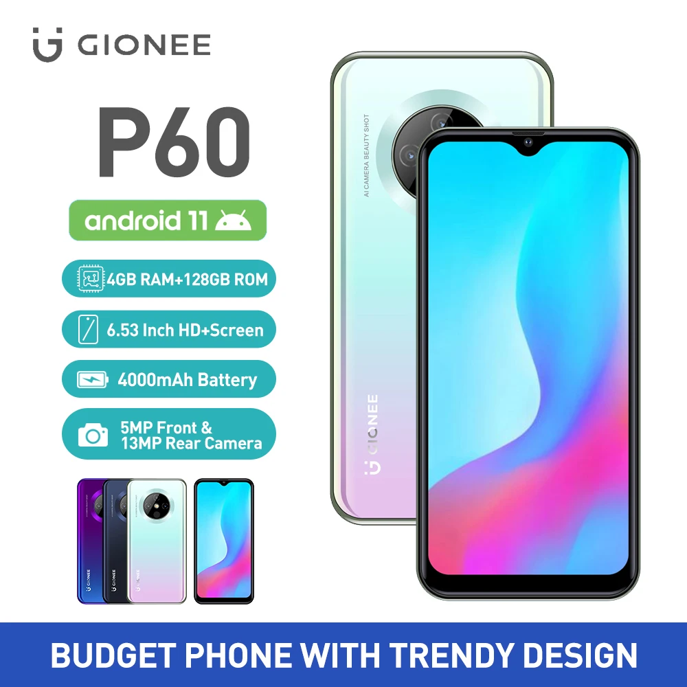 

GIONEE P60 Global Version Smartphone 4G+128G Android 11 Mobile Phone 6.53 Inch HD+ Screen Helio P60 Octa Core Fashion Cellphone