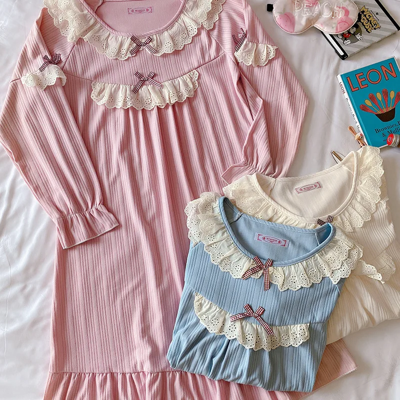 2021 Spring New Nightdress Women's Collar Pit Strip Long Sleeve Medium Length Solid Color Lovely Princess Dress Sexy Nightgown