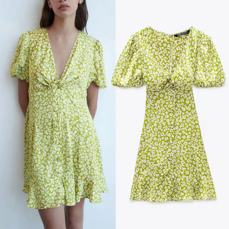 Женское винтажное мини платье с пышными рукавами V образным вырезом и