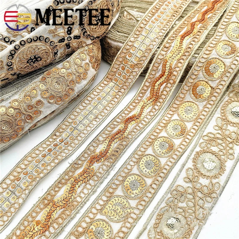 

2/4Meters Meetee Retro Cotton Linen Embroidery Lace Trim Bronze Sequins Ribbon for Ethnic Clothing Decor DIY Textile Material