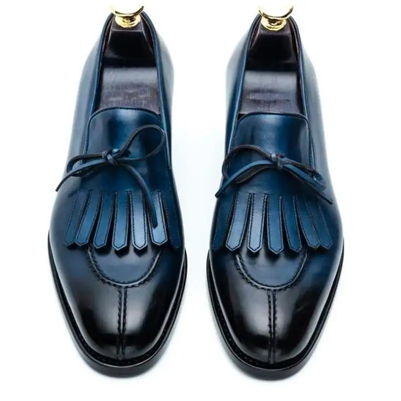 

Men's Handmade PU Blue Classic Tassel Bow High-quality Dress Loafers Retro Trendy Fashion Comfortable All-match Casual YX222