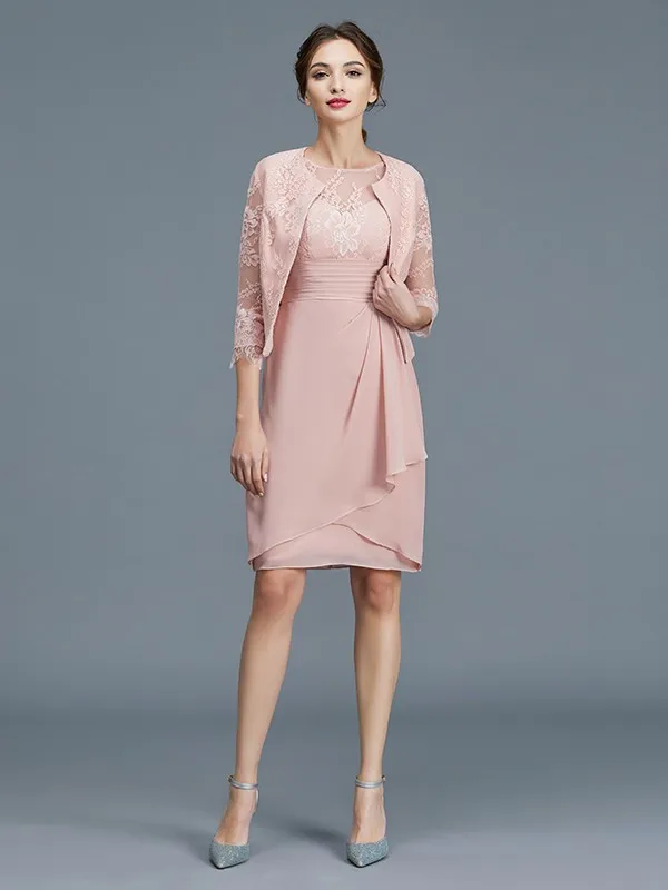

Pearl Pink Mother Of The Bride Dresses Sheath Scoop Knee Length With Jacket Lace Plus Size Short Groom Mother Dresses