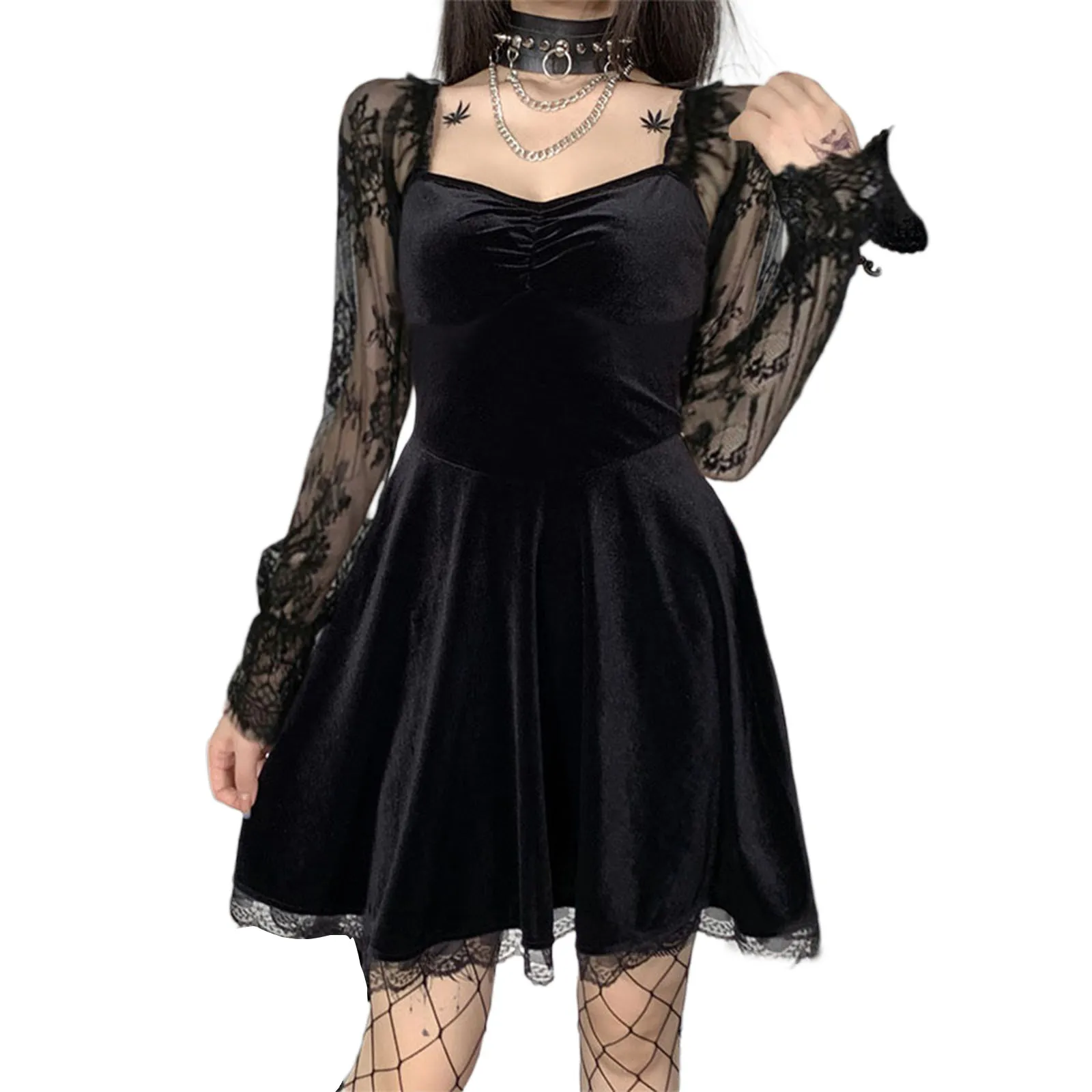 

Women Vintage Dress Sweetheart Neckline Mesh Long Sleeve High Waist Solid Color Tight Fitting Loose Hem Dresses