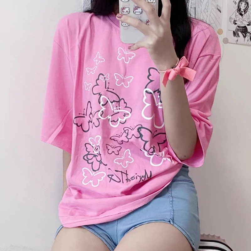 

Butterfly Printing O Neck Oversized Summer T Shirt Female 2021 Loose Casual Fashion Cotton Short Sleeve T-shirt Women Streetwear