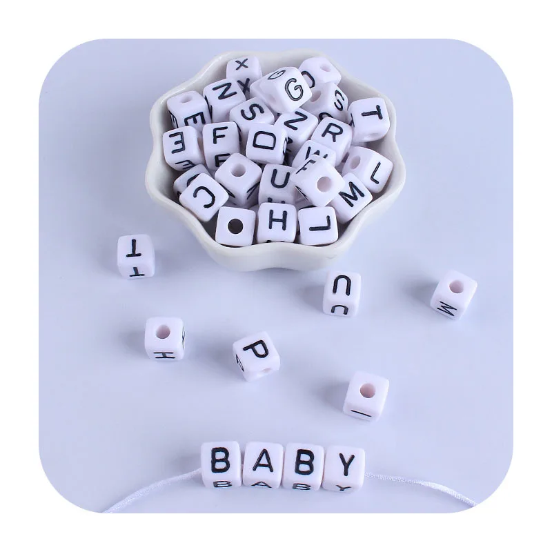 Cuentas de letras acr&iacute;licas para fabricaci&oacute;n de joyas, cuentas de alfabeto de cubo de 10MM, sin BPA, DIY, pulsera, collar masticables, juguete de dentici&oacute;n para beb&eacute;, 100 Uds.-1