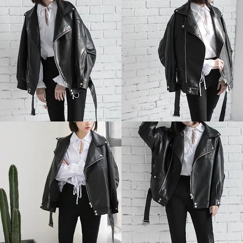 

High Quality 2021 Spring Black PU Leather Loose Turn-down Collar Zipper Fashion New Women's Wild Jacket LA938