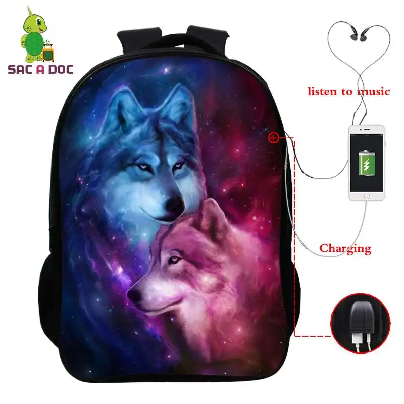 

Animal Wolf 3d Printed Backpack USB Charging Wolf Backpack Boys Girls Travel Rucksack School Bags for Teenager Student Schoolbag