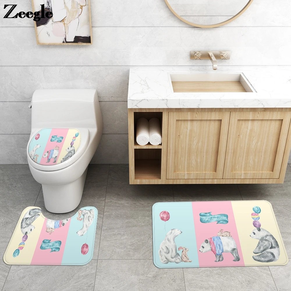 Cartoon Animal Bathroom Mat and Shower Curtain Set Microfiber Toilet Rug Seat Cover Non-Slip Bath | Дом и сад