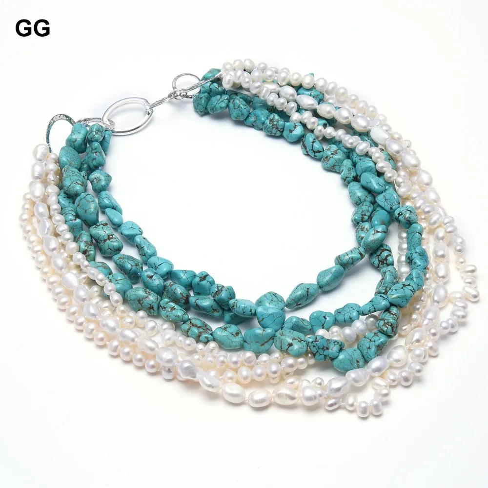 

GG Jewelry 6 Strands freshwater White Pearl Blue Turquoises Necklace Multi Strands Necklace Handmade For Women