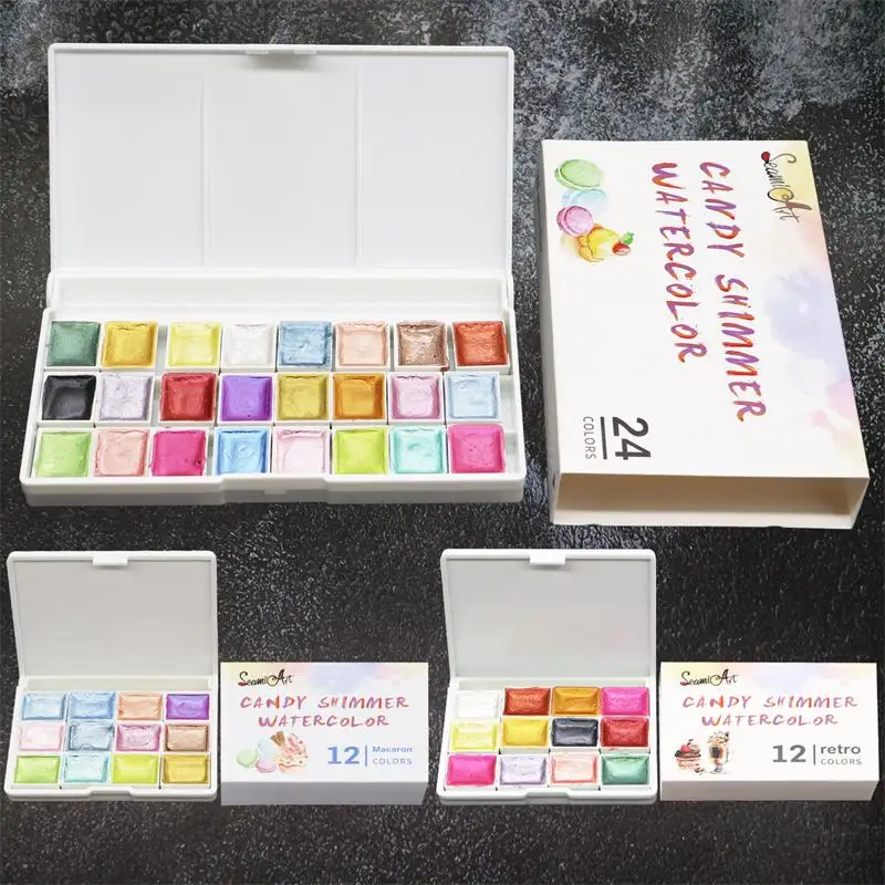 

SeamiArt 12/24Color Glitter Water Color Acuarelas Metallic Gold Aquarela Pigment Paint Artist Painting Watercolors Art Product