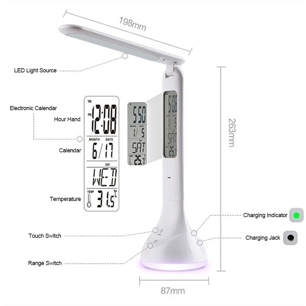 Светодиодная настольная лампа с будильником календарем регулируемой