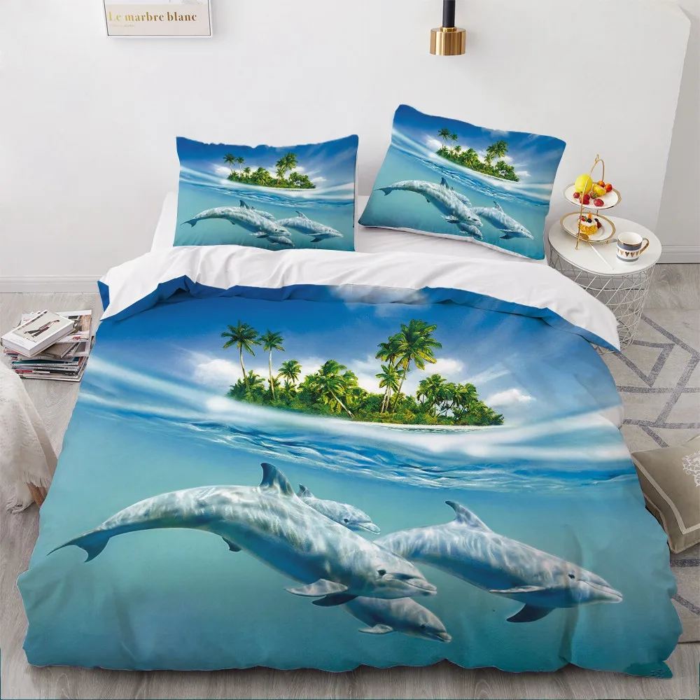 

3D Custom Design Animal Duvet Cover Sets White Comforther Cover Pillow Slips King Queen Double Single Size Sea Animal Bedclothes