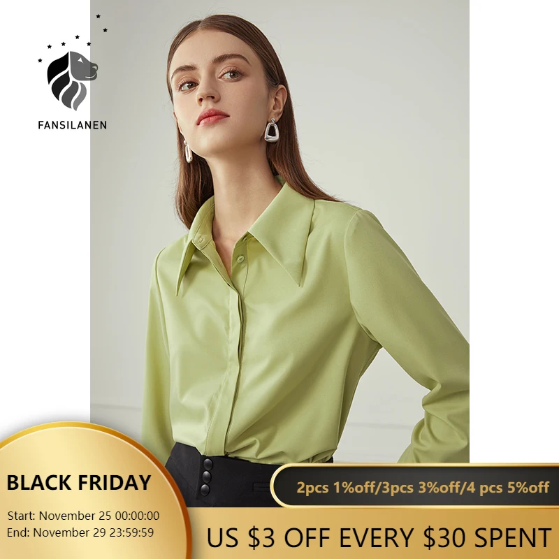 

FANSILANEN Office Lady Casual Blouse Shirt Women Long Sleeve Elegant Autumn Blue Shirt Top Female Spring Green Vintage Blouse