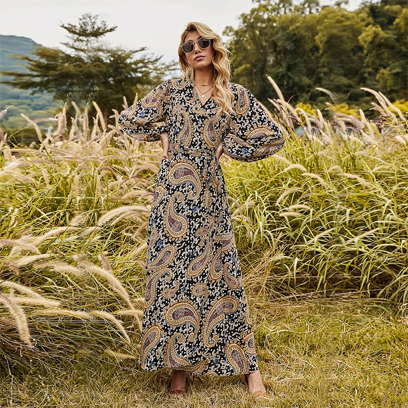 

Summer Floral Lantern Long Sleeve Dress Women Sexy V-neck High Waist Elegant A-line Dresses Casual Loose Party Dress Robe Femme