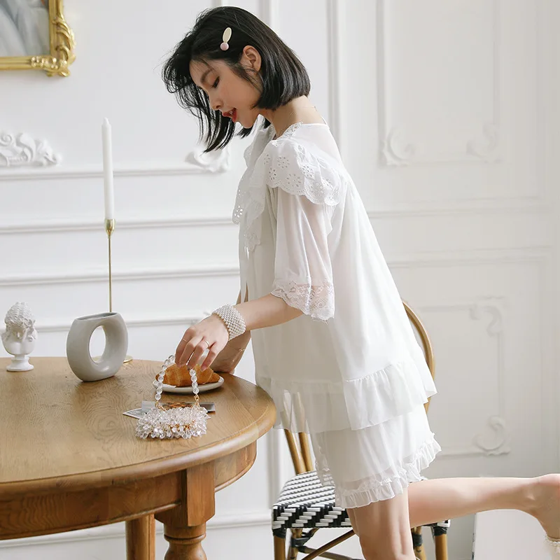 New palace lace pajamas summer fairy suit lace short sleeve shorts mesh nightwear housewear Female sleepwear lounge wear