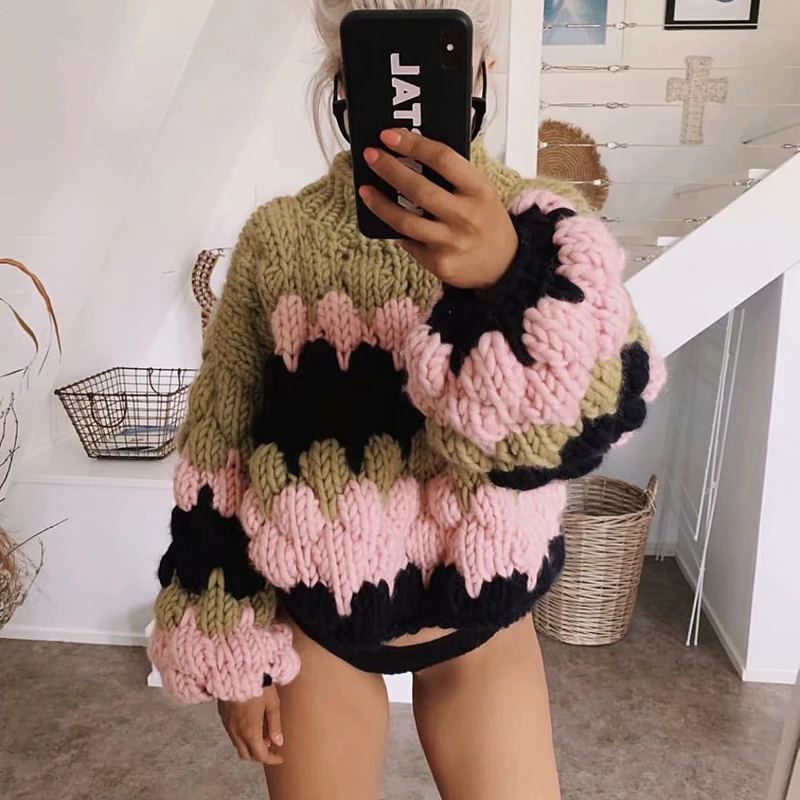 

Женский трикотажный свитер с длинным рукавом, Повседневный пуловер с высоким воротником и вырезами в уличном стиле, Осень-зима 2020