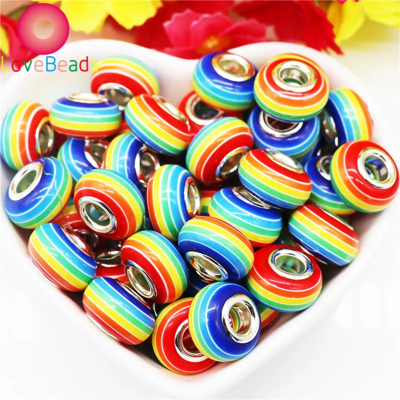 

10Pcs 14x8mm Big Hole Round Rainbow Spacer Loose Beads Charms with Silver Plated Cores Fit Pandora Bracelet Chain Jewelry Making