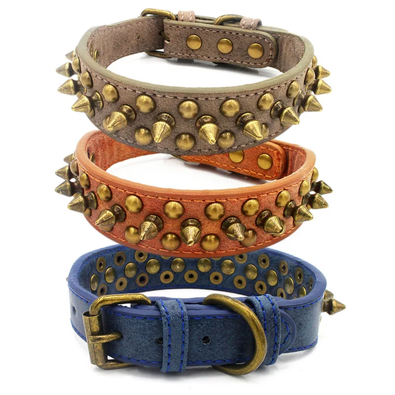 Бронзовый ошейник с заклепками кожаный аксессуар для защиты собак от укусов