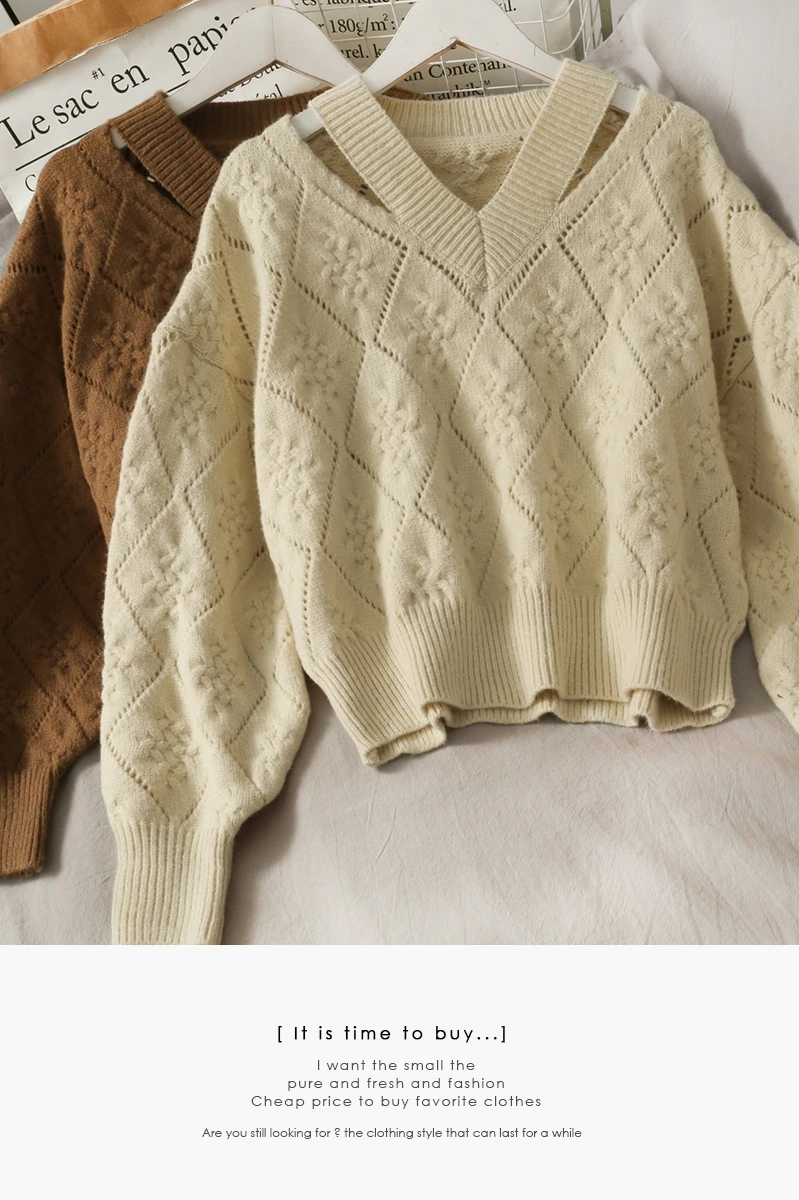 

Korean Style Loose Slimming Pure V-neck Pullover Sweater Women's Hollow Diamond Plaid Sweater for Autumn and Winter 2020